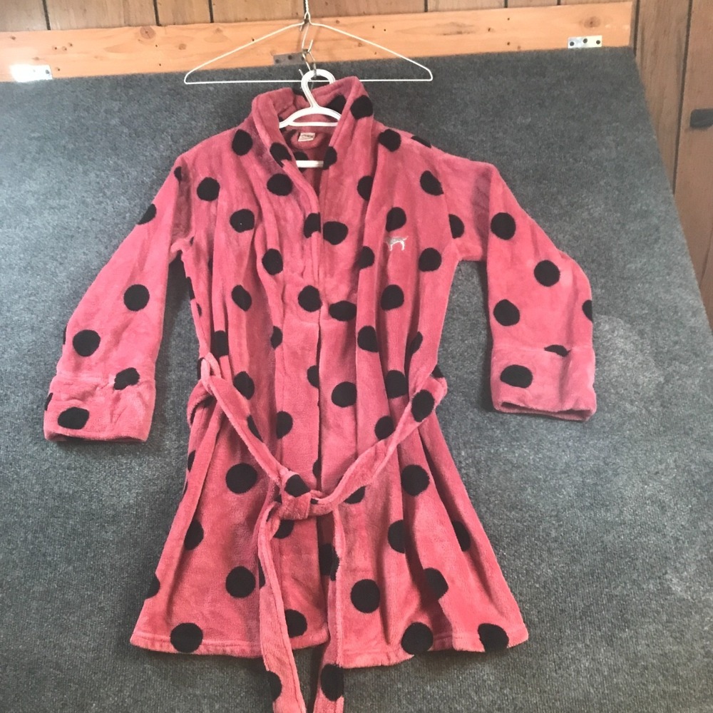 Victoria's Secret Fleece Robe Womens XS Pink Polka Dot Cozy Warm Belted Waist
